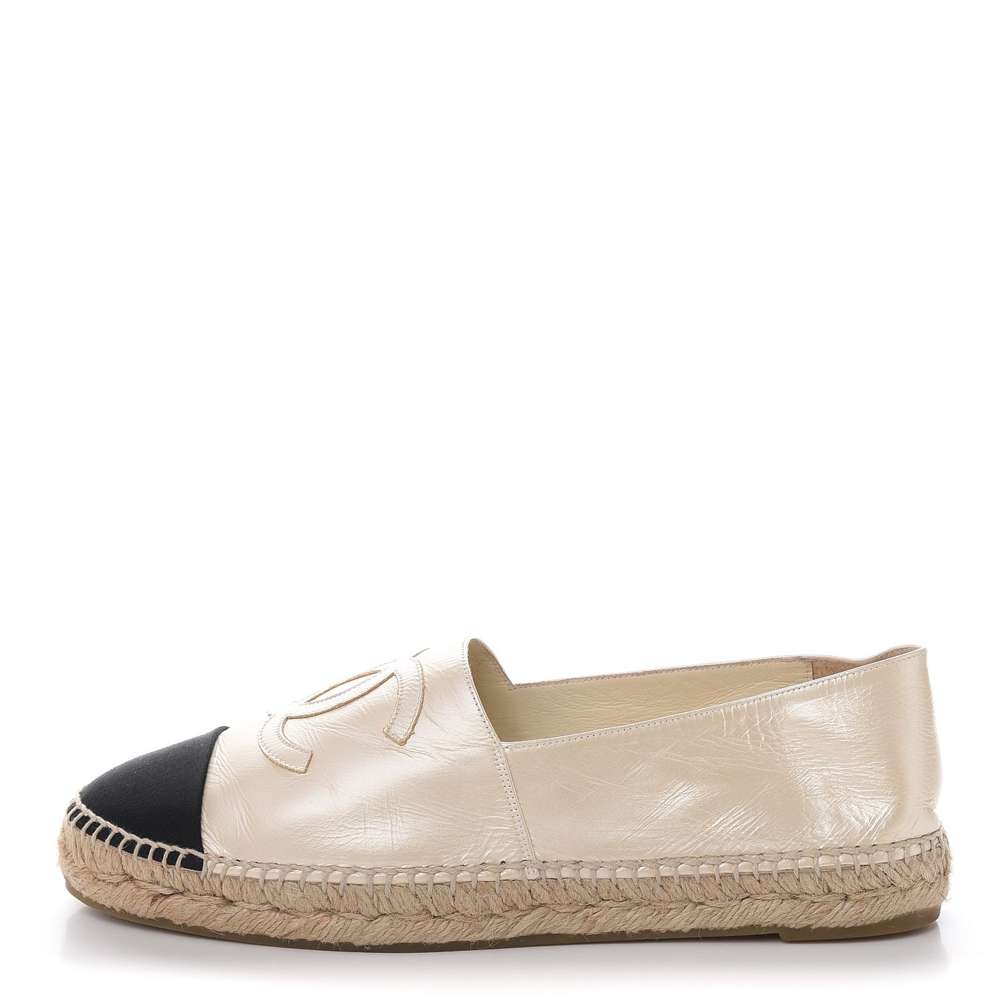 Metallic Calfskin Grosgrain CC Espadrilles 41 Ivory Black