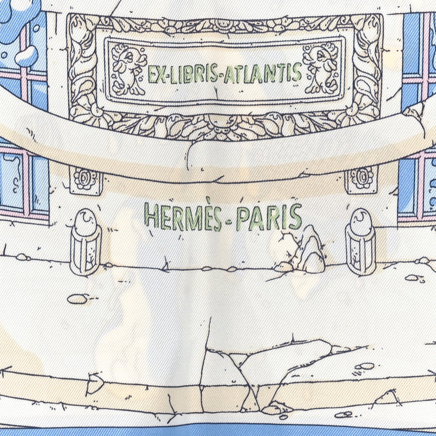 Vintage Silk Ex Libris Atlantis Scarf 70 Bleu Ciel Rose Jaune