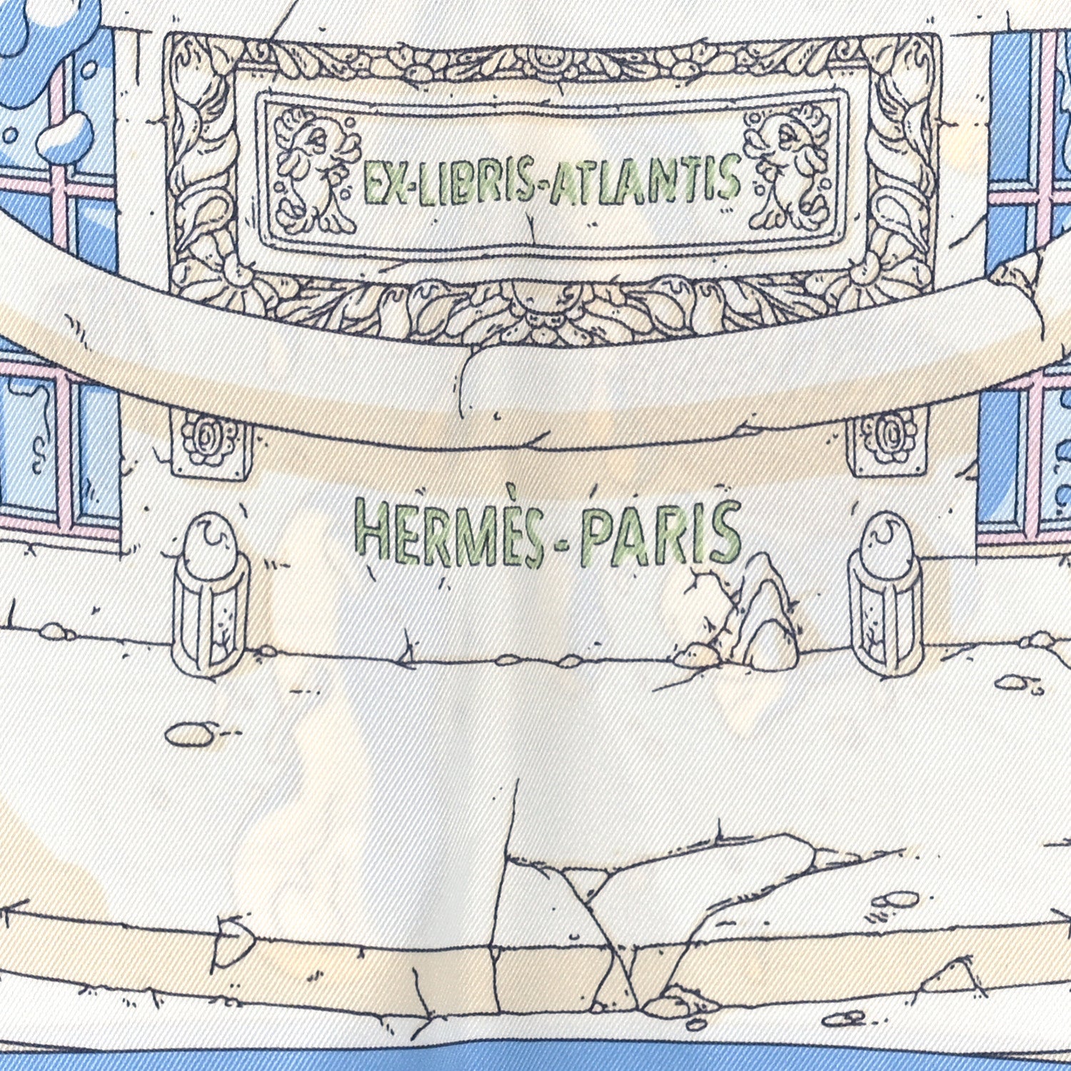 Hermes Vintage Silk Ex Libris Atlantis Scarf 70 Bleu Ciel Rose Jaune 2 of 3