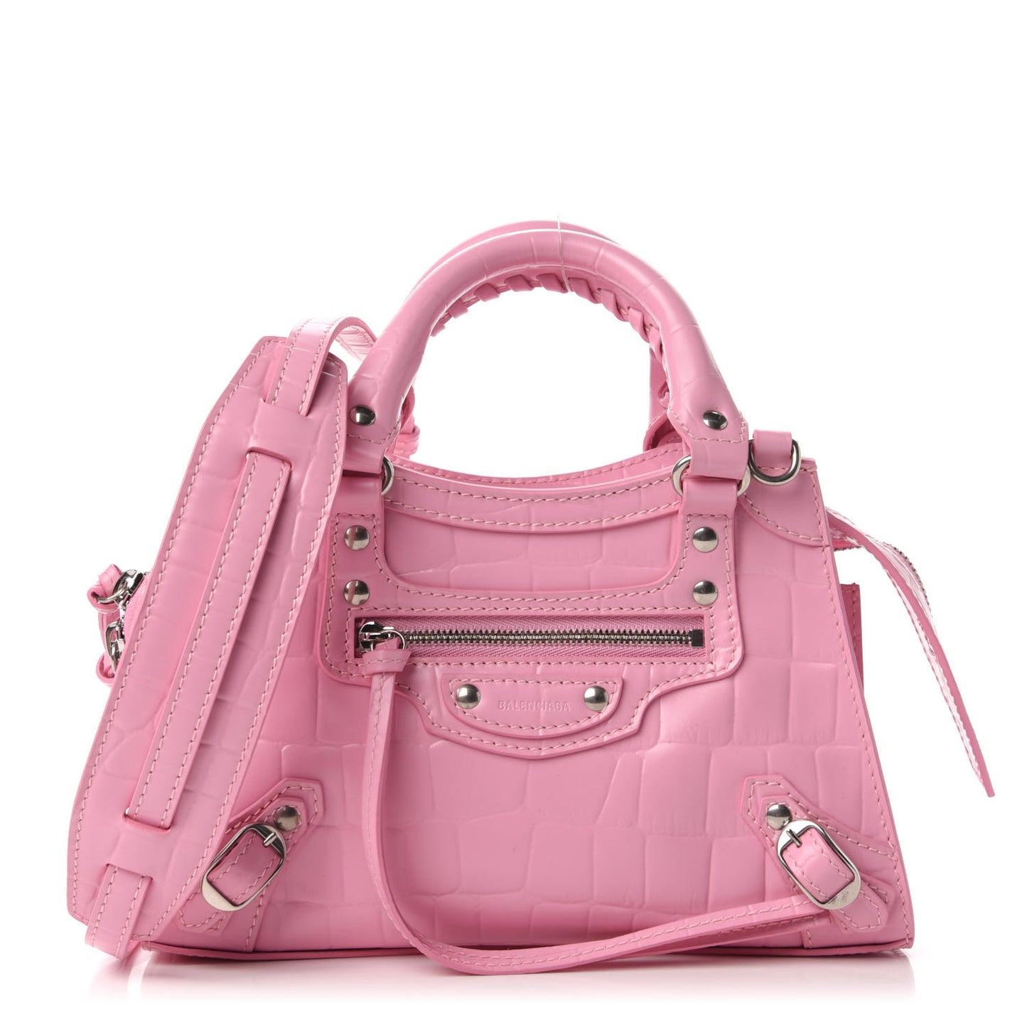 Semi Shiny Calfskin Crocodile Embossed Neo Classic Silver Hardware Mini City Pink