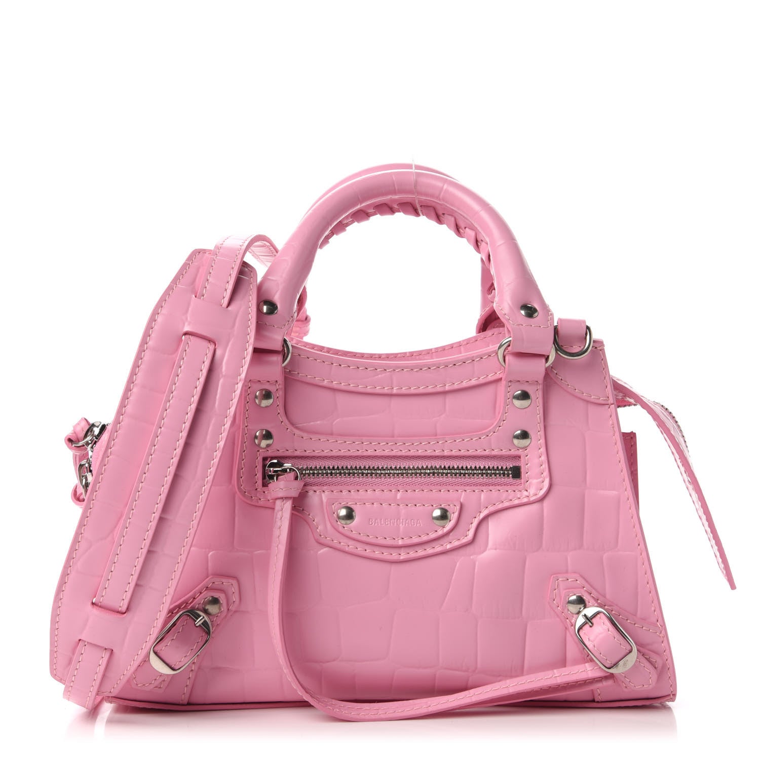 Balenciaga Semi Shiny Calfskin Crocodile Embossed Neo Classic Silver Hardware Mini City Pink 1 of 9