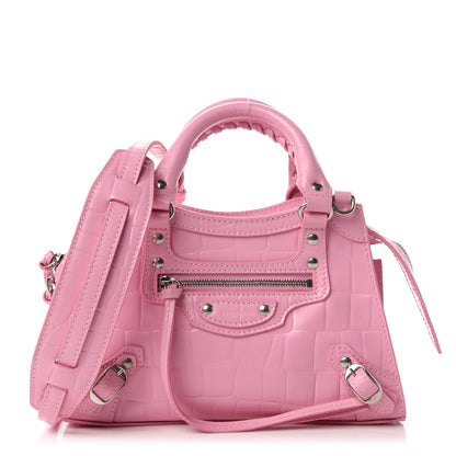 Balenciaga Semi Shiny Calfskin Crocodile Embossed Neo Classic Silver Hardware Mini City Pink 1 of 9