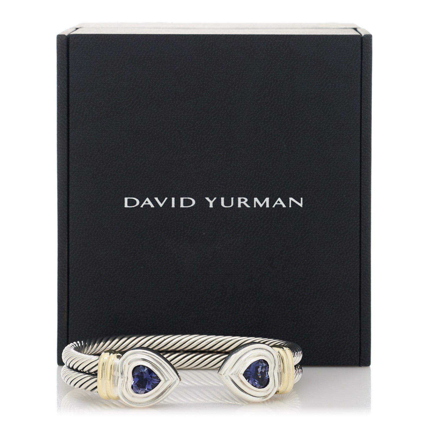 David Yurman Sterling Silver 14K Yellow Gold Iolite Heart Double Cable Cuff Bracelet 4 of 4