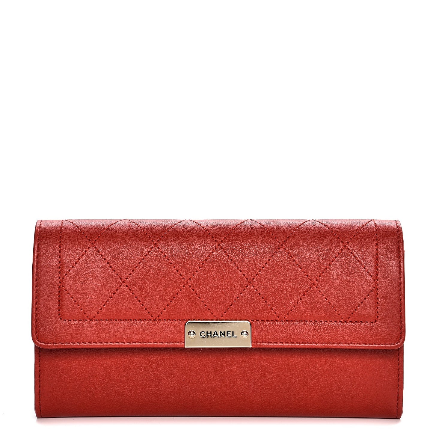 Grained Calfskin Quilted Label Click Large Gusset Flap Wallet Red