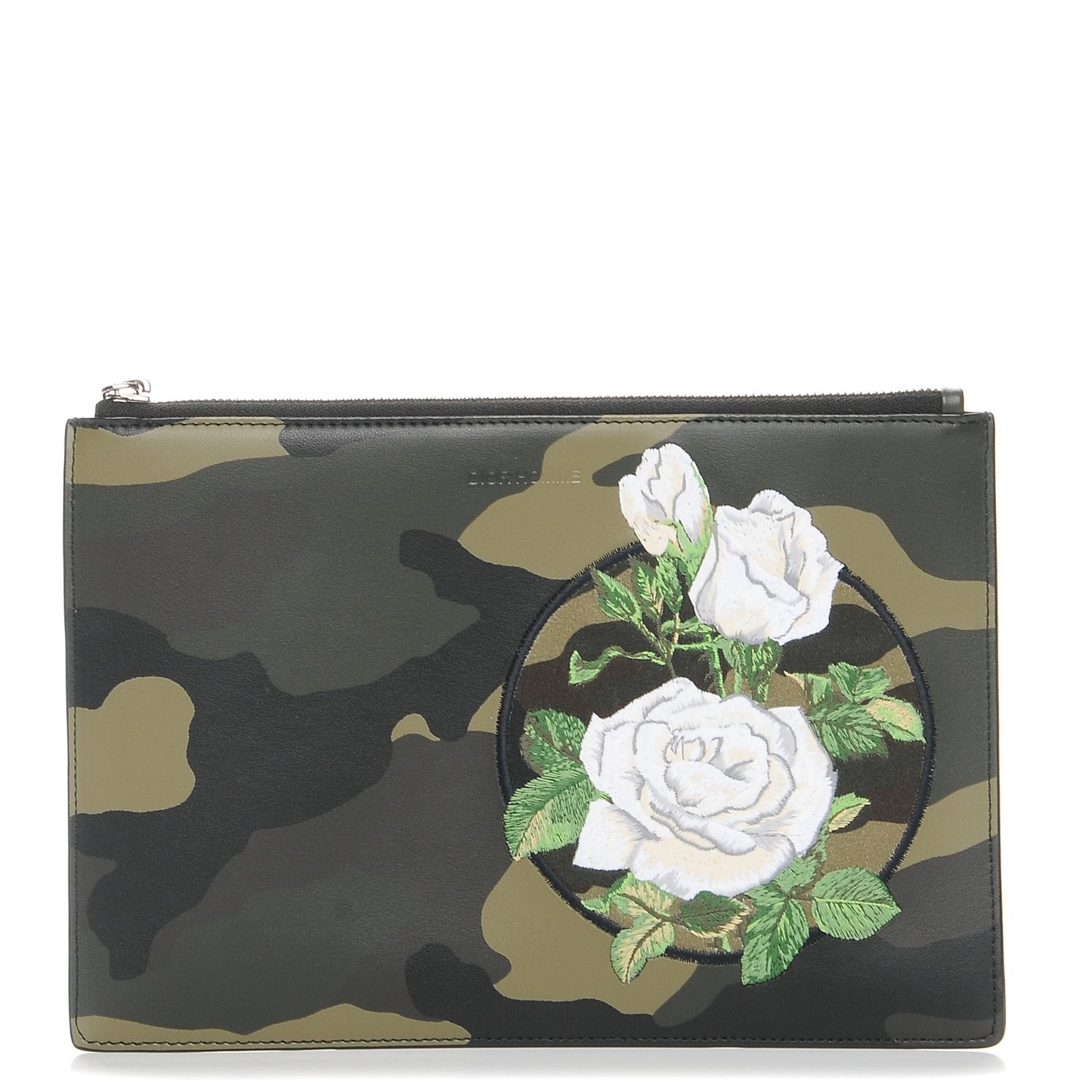 HOMME Coated Canvas Embroidered Camoflage Flat Pouch Green White