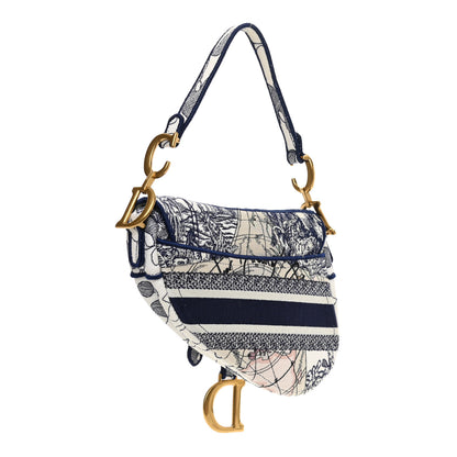 Christian Dior Canvas Embroidered Around the World Saddle Bag Blue 3 of 11