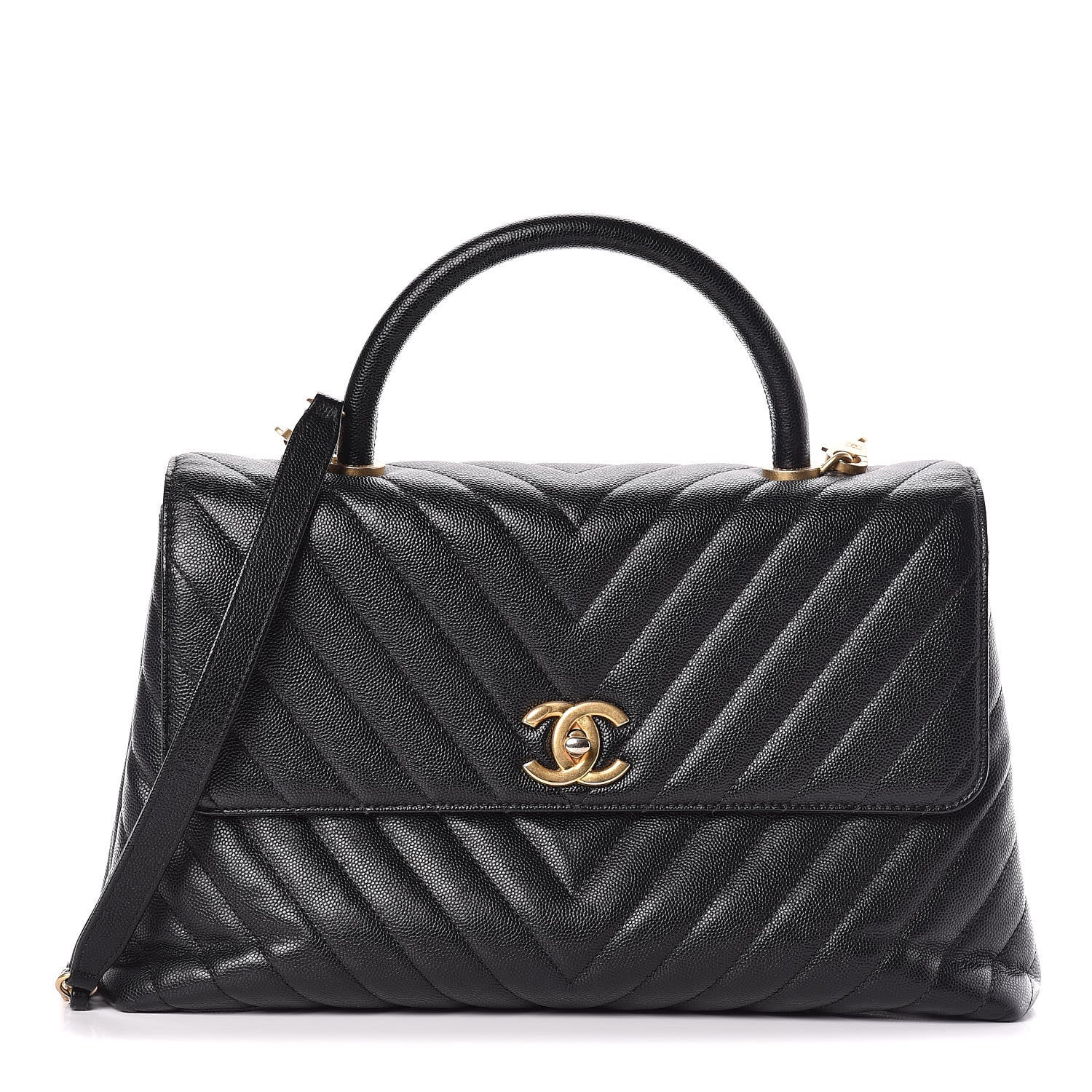 Chanel Caviar Chevron Quilted Medium Coco Handle Flap Black 1 of 12