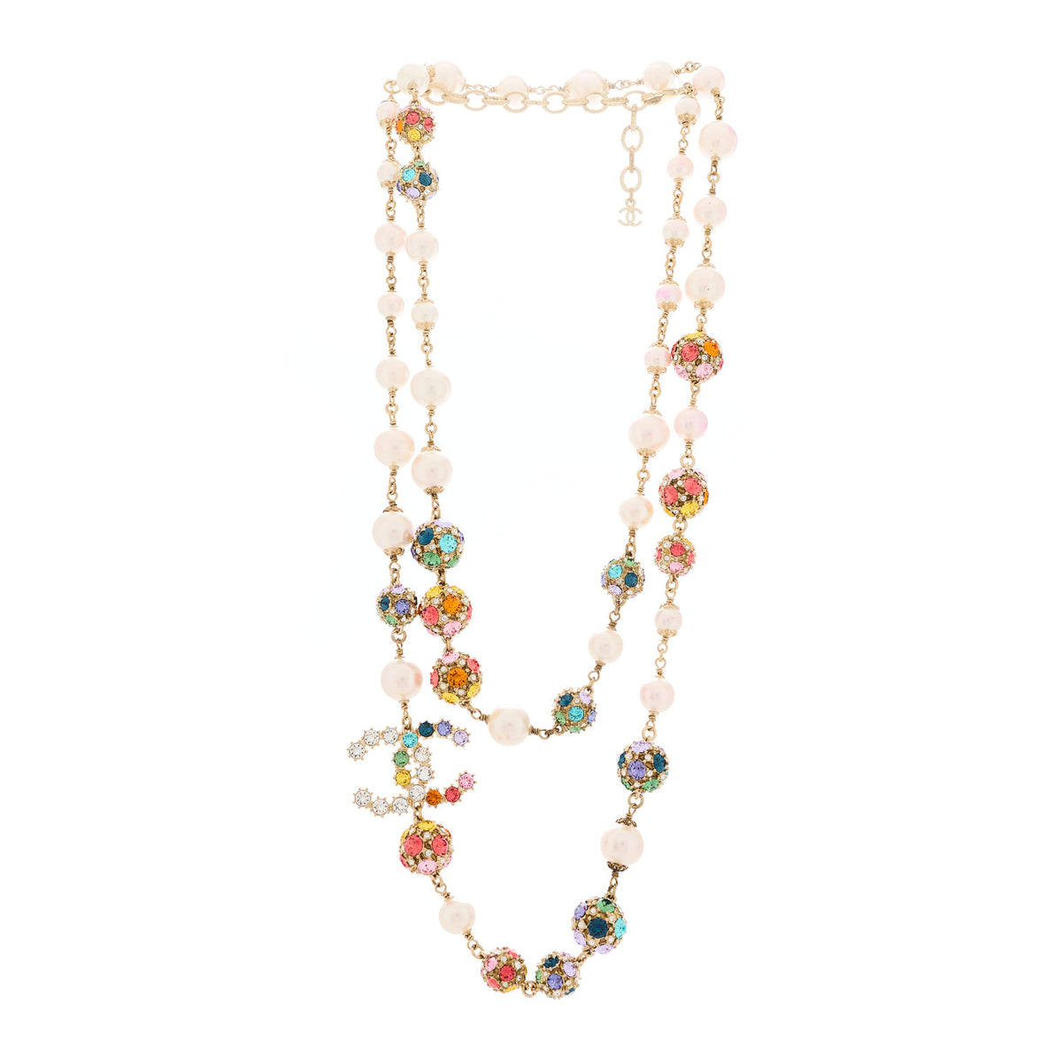 Pearl Crystal CC Long Strand Necklace Gold Multicolor