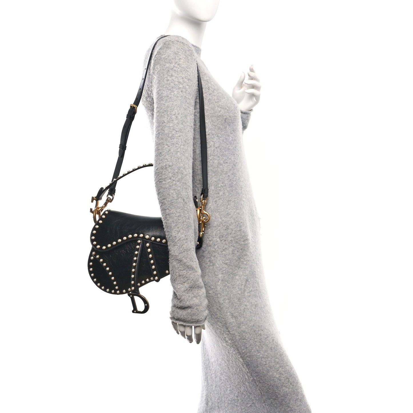 Crinkled Patent Lambskin Studded Saddle Bag With Strap Black