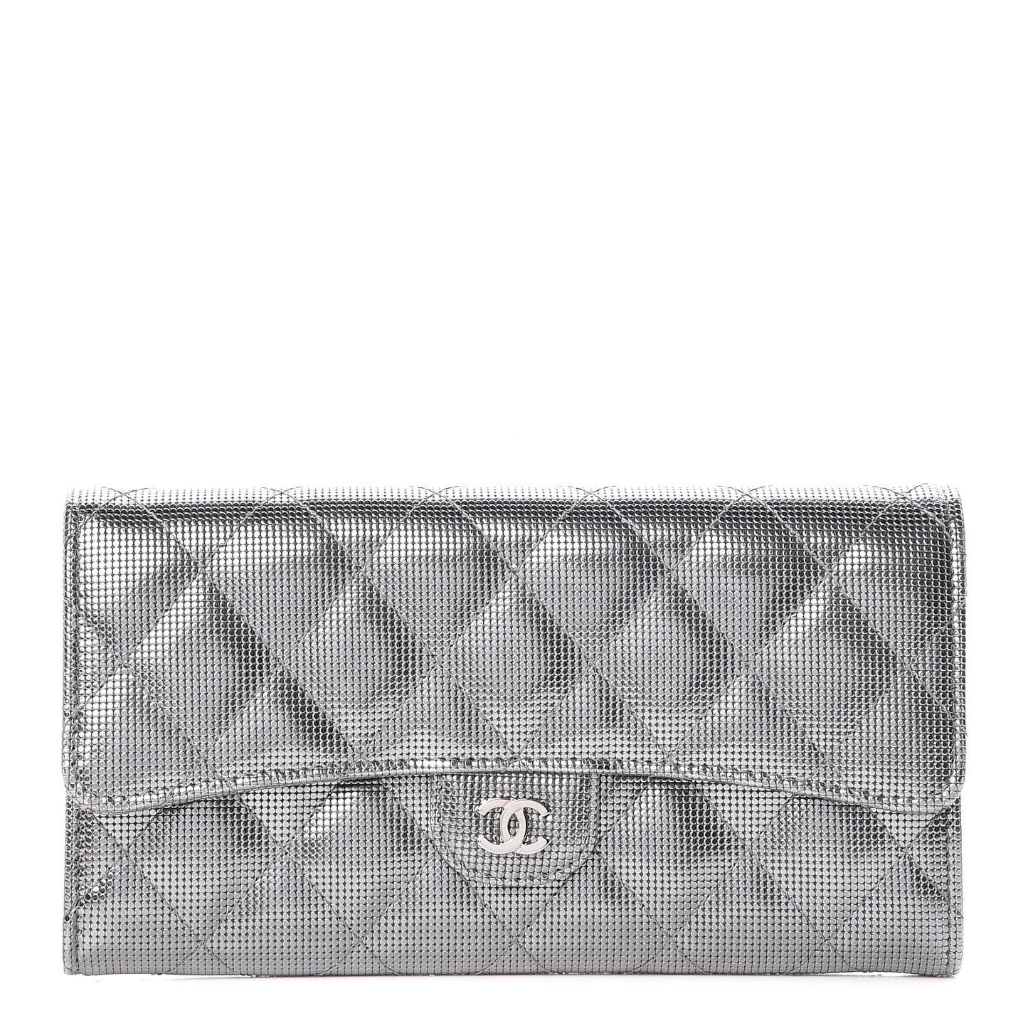 Metallic Calfskin Quilted Pixel Effect Large Flap Wallet Silver