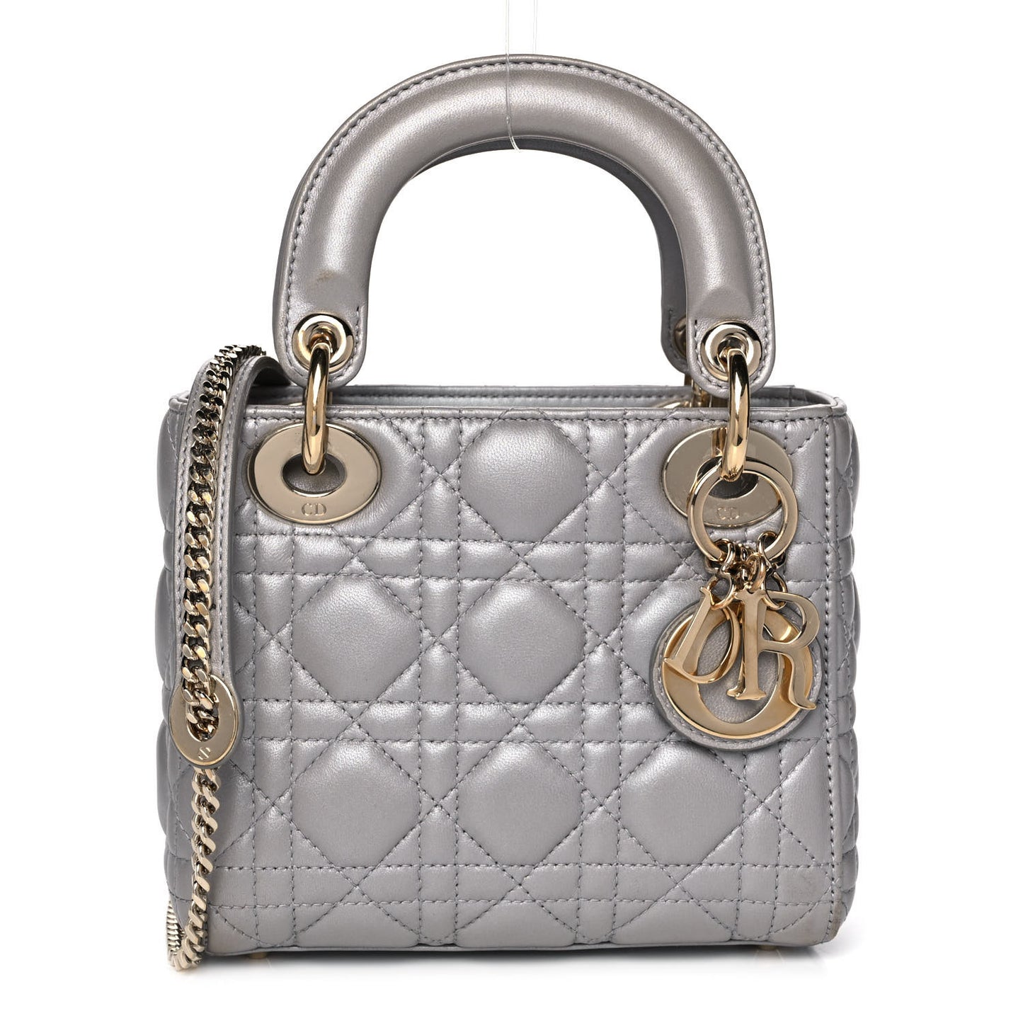 Metallic Lambskin Cannage Mini Lady Dior Grey