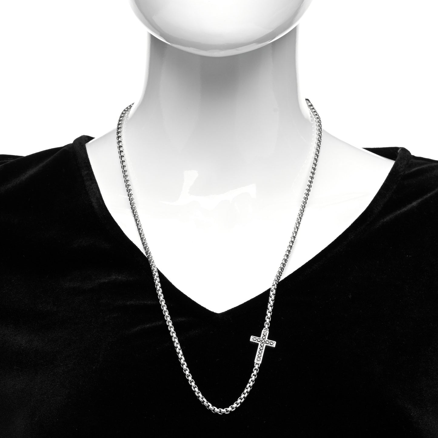 Sterling Silver Black Diamond Streamline Cross Station Necklace 26"