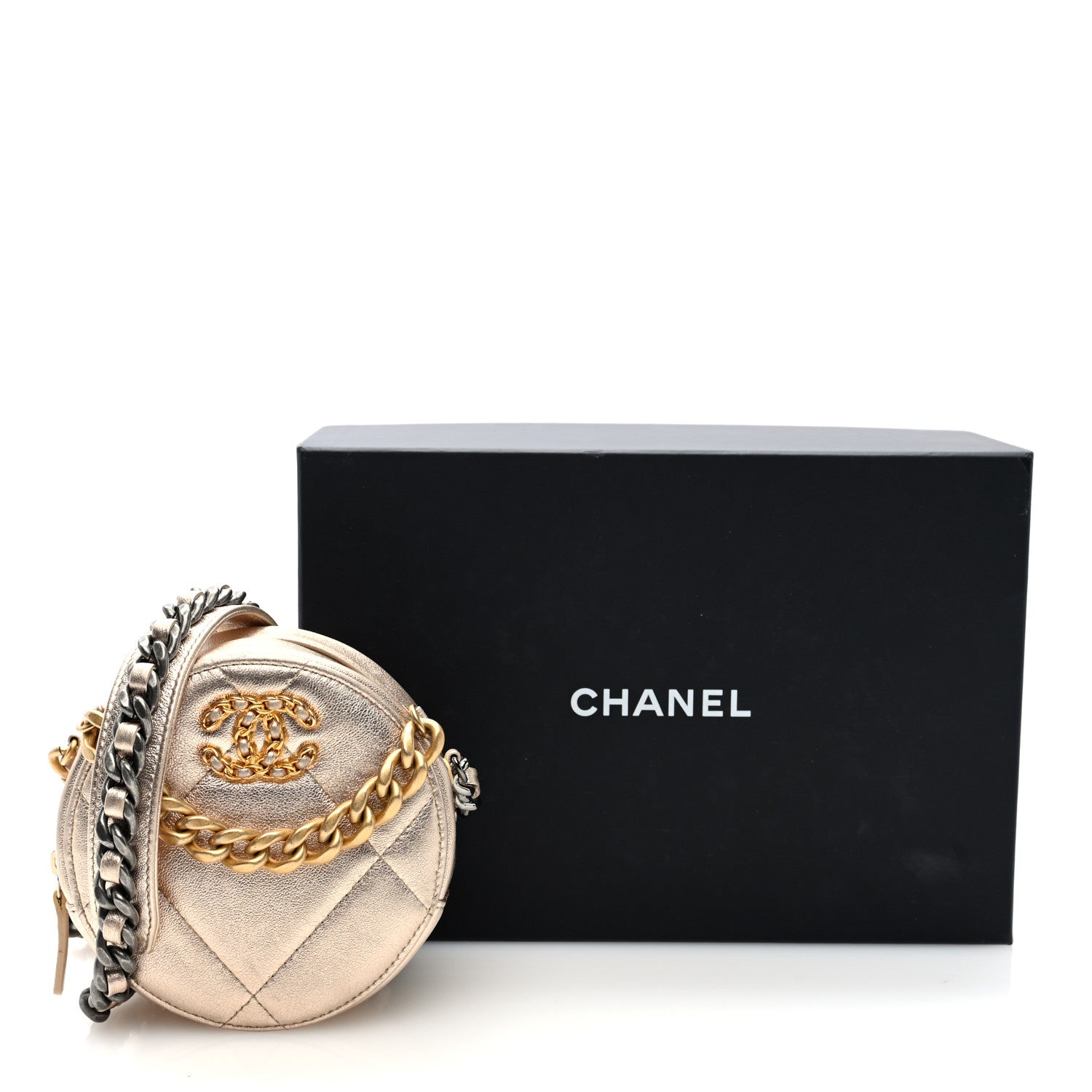 Chanel Metallic Lambskin Quilted Chanel 19 Round Clutch With Chain Gold 11 of 11
