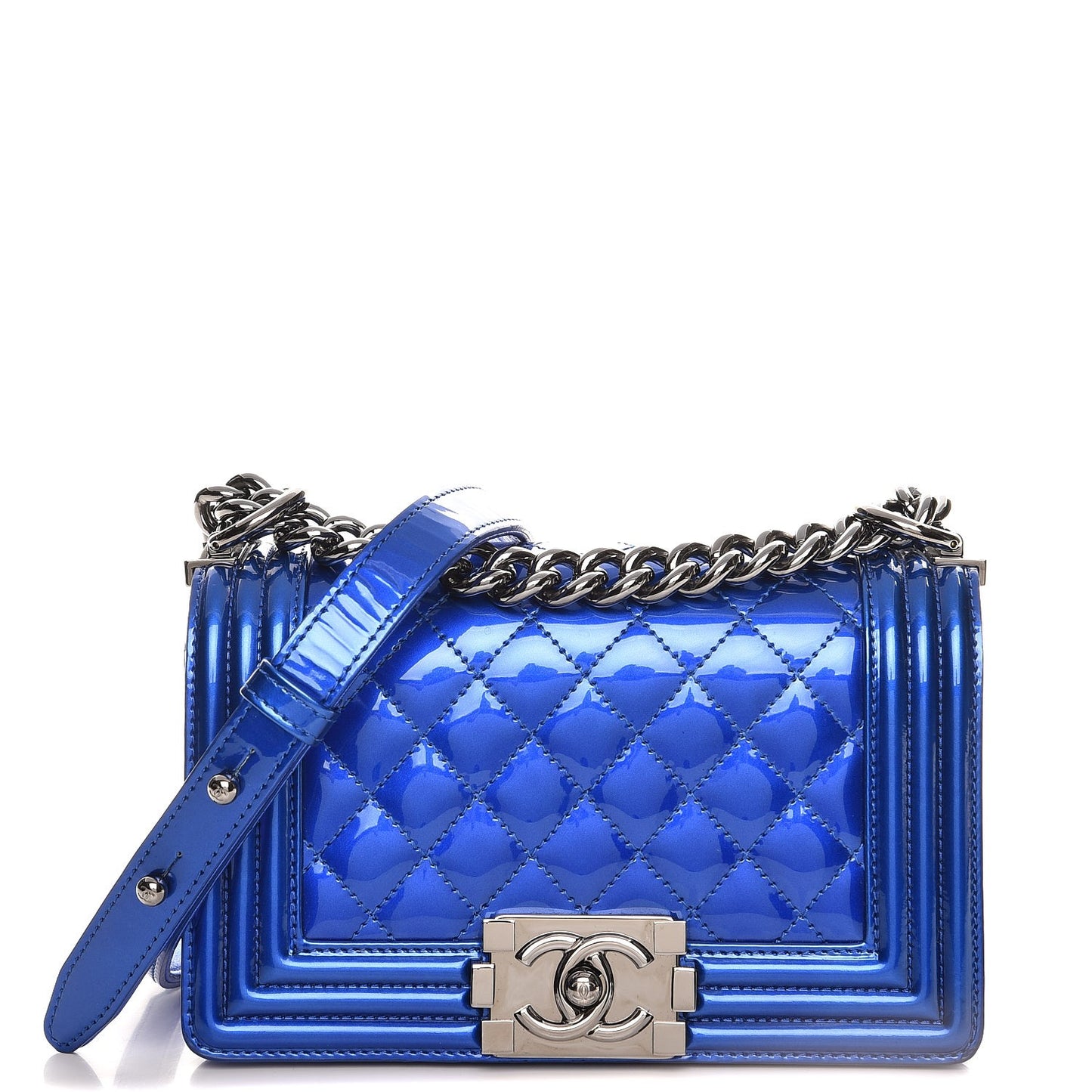 Metallic Patent Calfskin Quilted Small Boy Flap Blue