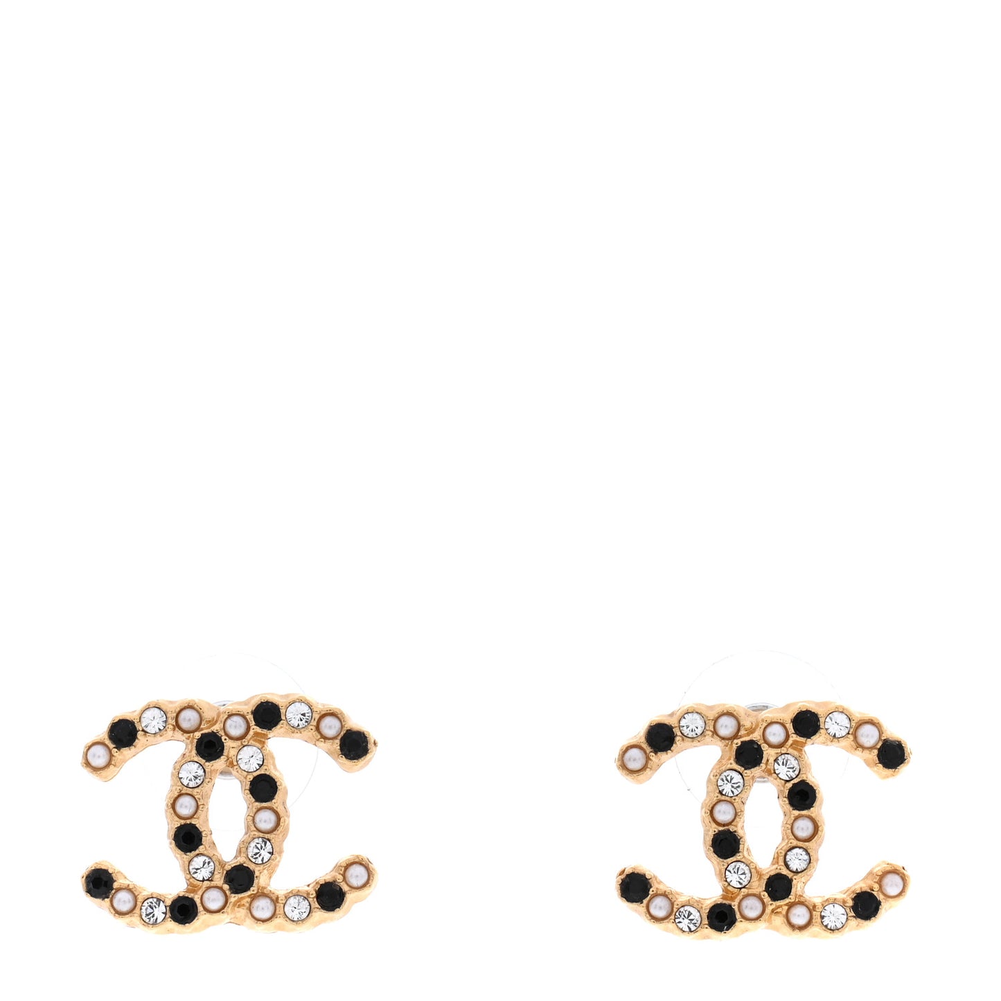 Resin Pearl Crystal CC Earrings Gold Black