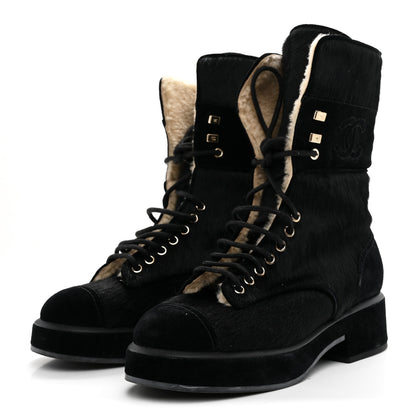 Chanel Suede Pony Hair Shearling Lace Up Combat Boots 37.5 Black White 4 of 10