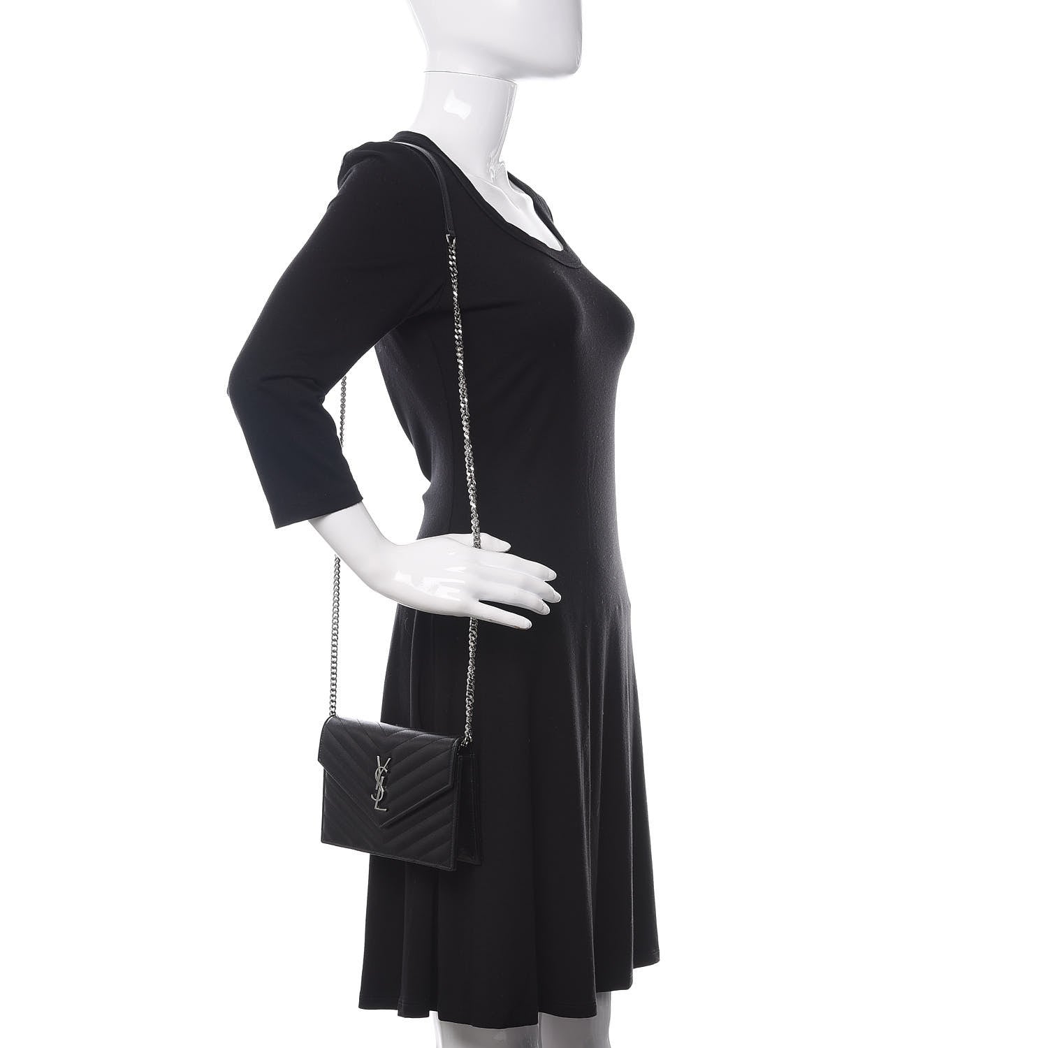 Saint Laurent Grain De Poudre Matelasse Chevron Monogram Envelope Chain Wallet Black 2 of 12