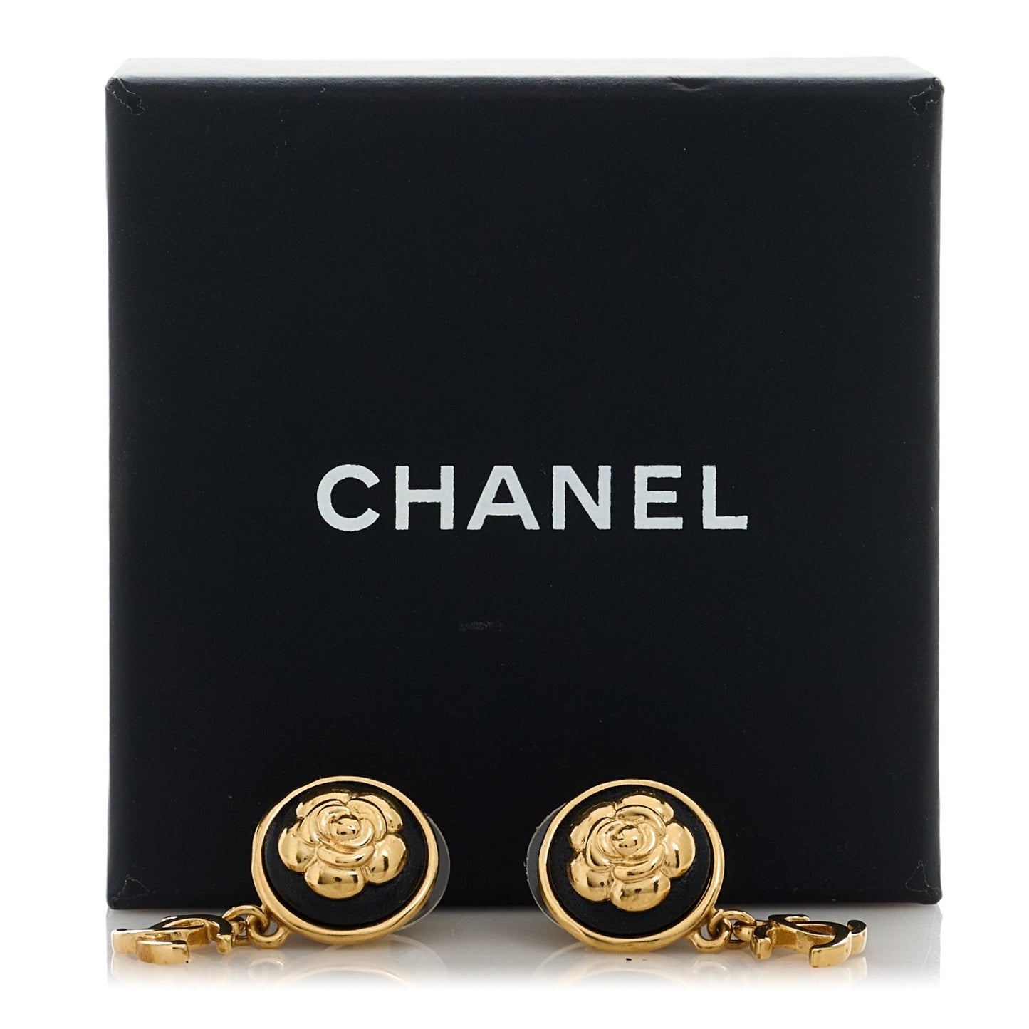 Metal Lambskin Camellia CC Drop Earrings Gold Black