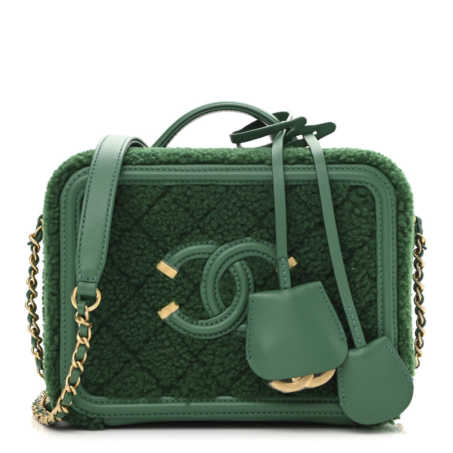 Chanel Lambskin Shearling Quilted Small CC Filigree Vanity Case Green 1 of 10