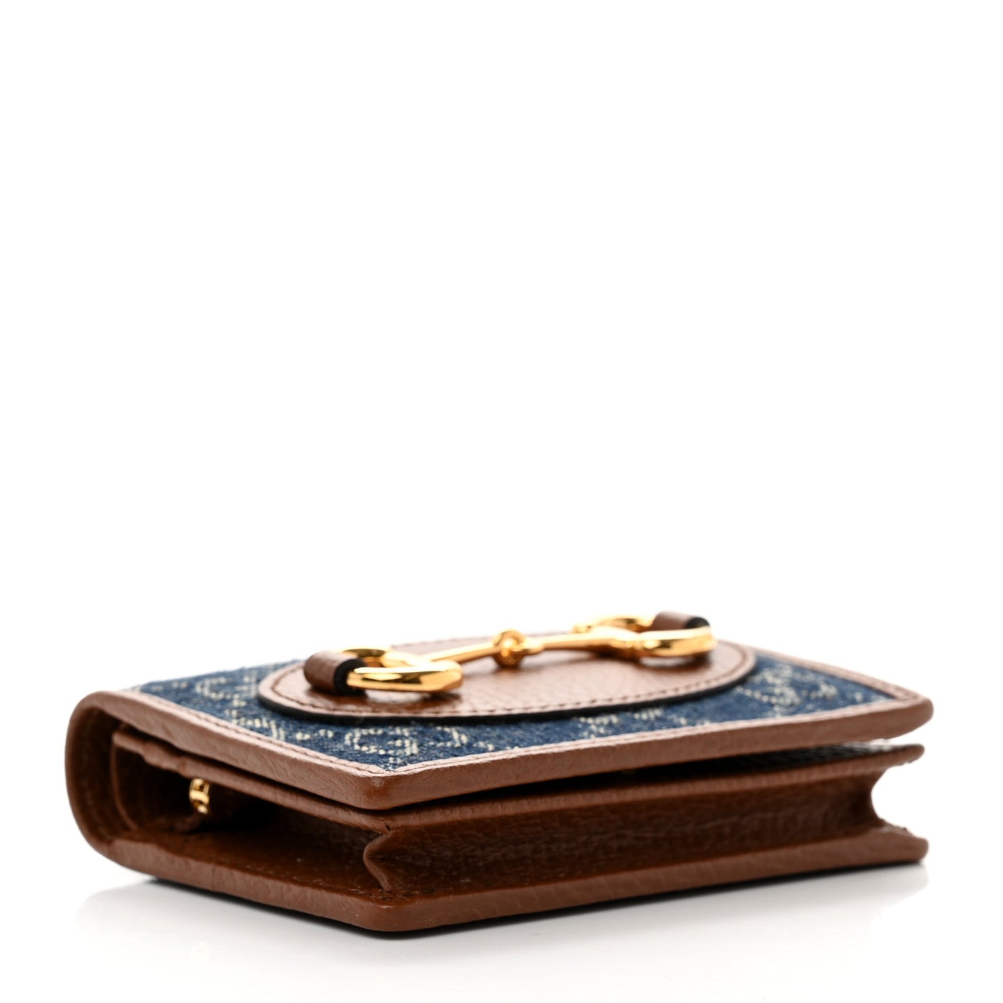 New Denim GG Monogram Dollar Calfskin Horsebit 1955 Card Case Wallet Blue Tea Cuir Epilog