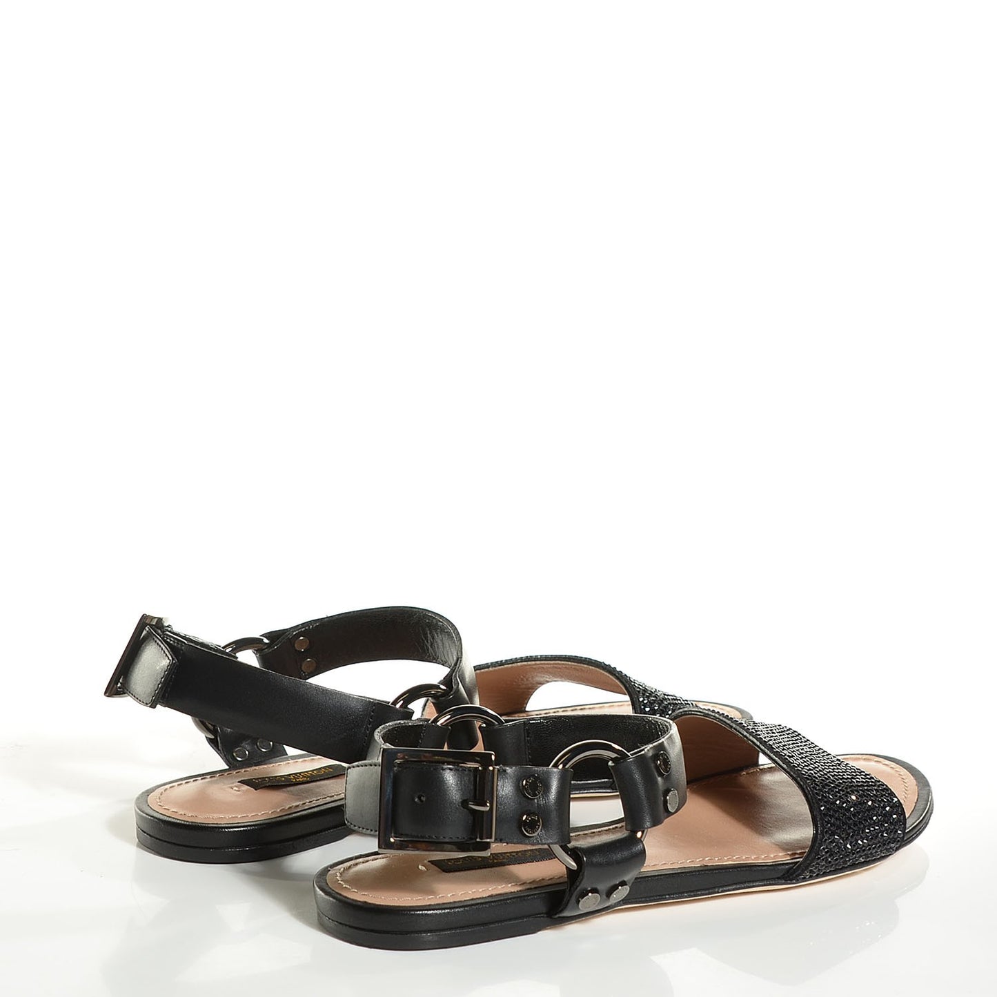 Calfskin Strass Backstage Flat Sandals 38.5 Black