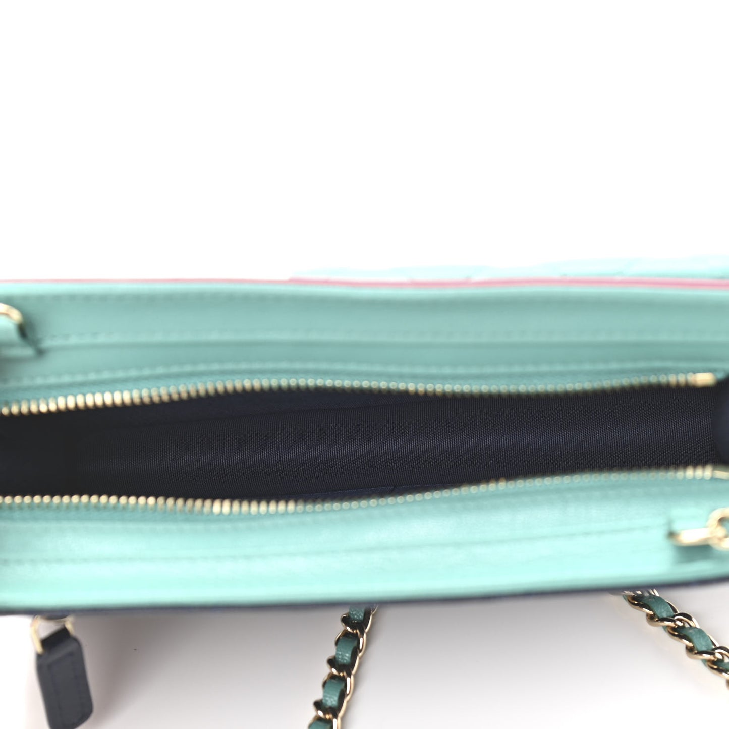 Goatskin Quilted Tri-Color In & Out Chain Wallet Navy Turquoise Pink