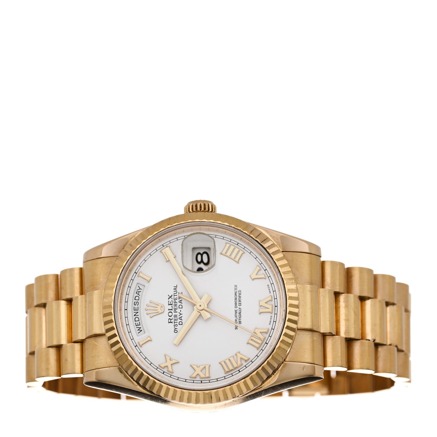 18K Yellow Gold 36mm Oyster Perpetual Day-Date President Watch White Roman 118238