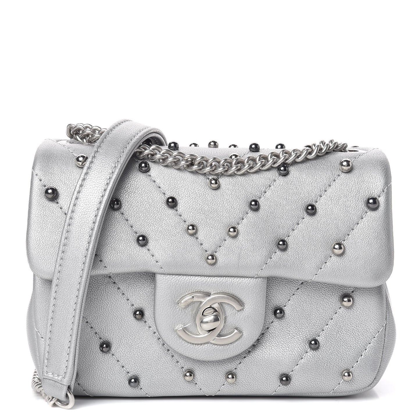 Metallic Lambskin Chevron Quilted Studded Mini Flap Silver