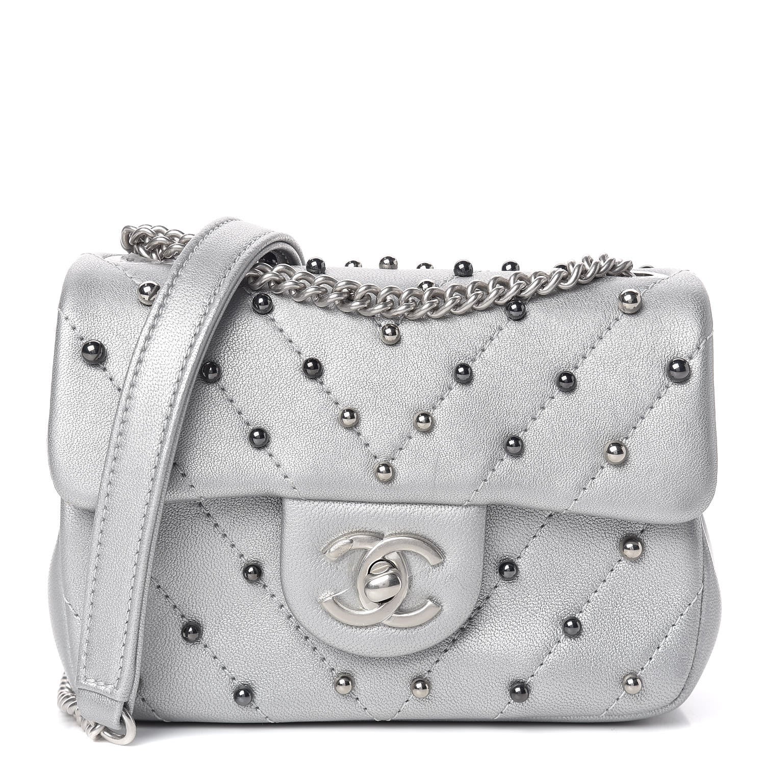 Chanel Metallic Lambskin Chevron Quilted Studded Mini Flap Silver 1 of 10