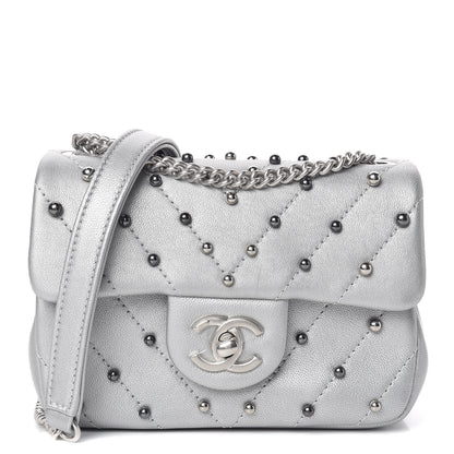 Chanel Metallic Lambskin Chevron Quilted Studded Mini Flap Silver 1 of 10