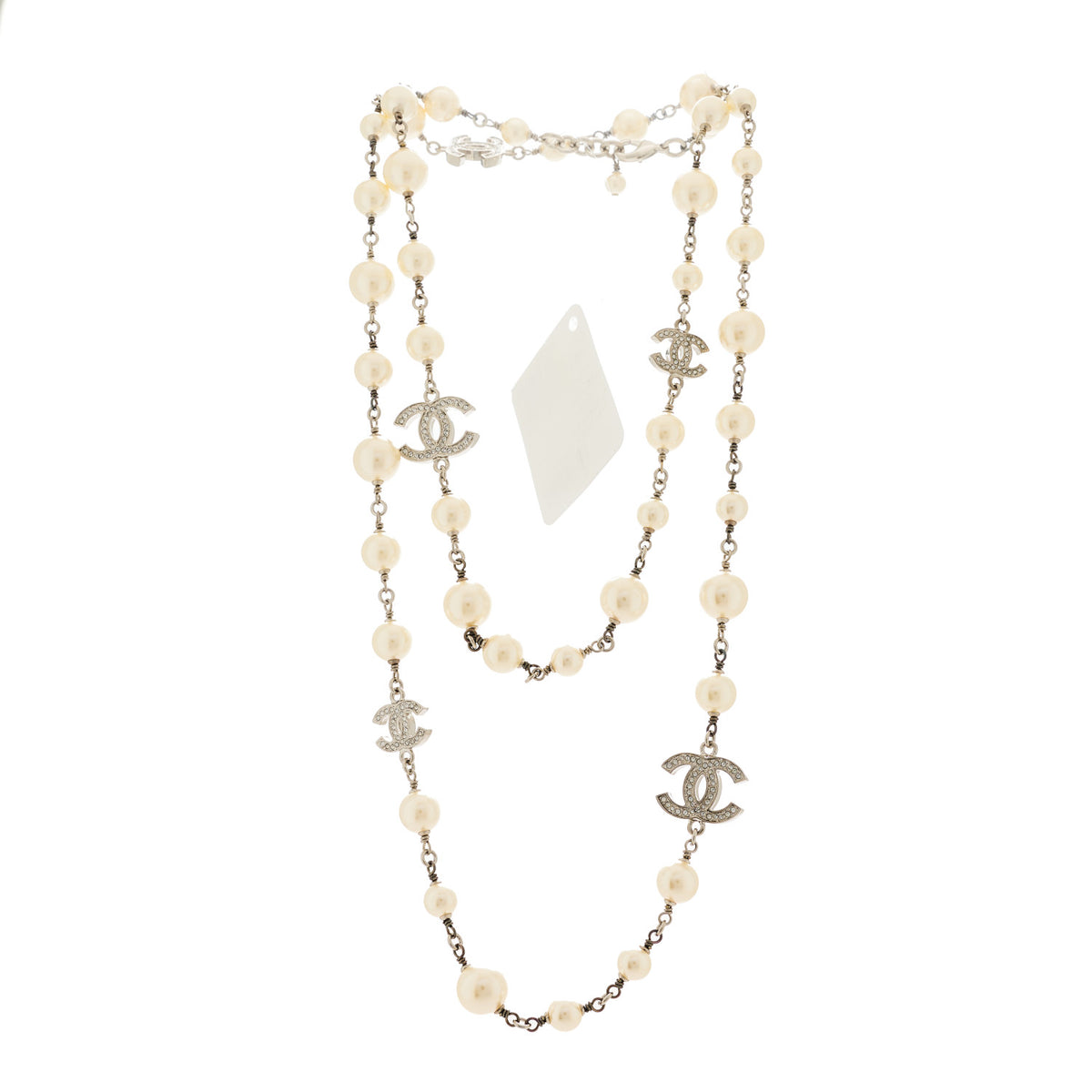 Chanel Graduated Pearl Crystal CC Long Necklace Silver 3 of 4