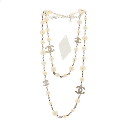 Chanel Graduated Pearl Crystal CC Long Necklace Silver 3 of 4