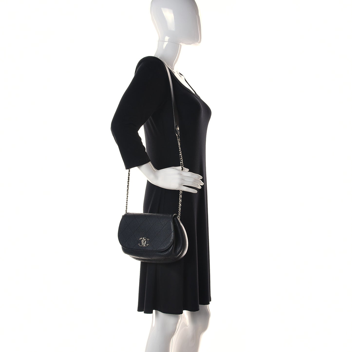 Grained Calfskin Stitched Messenger Flap Bag Black