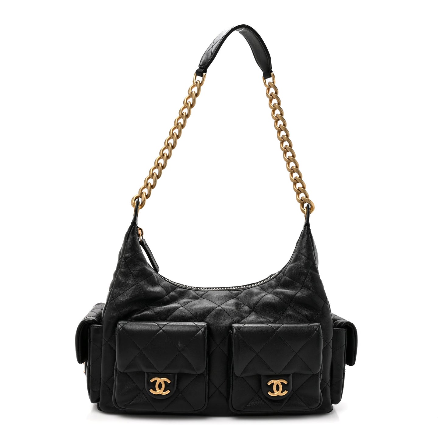 Shiny Lambskin Quilted Trendy Pockets Hobo Black Black