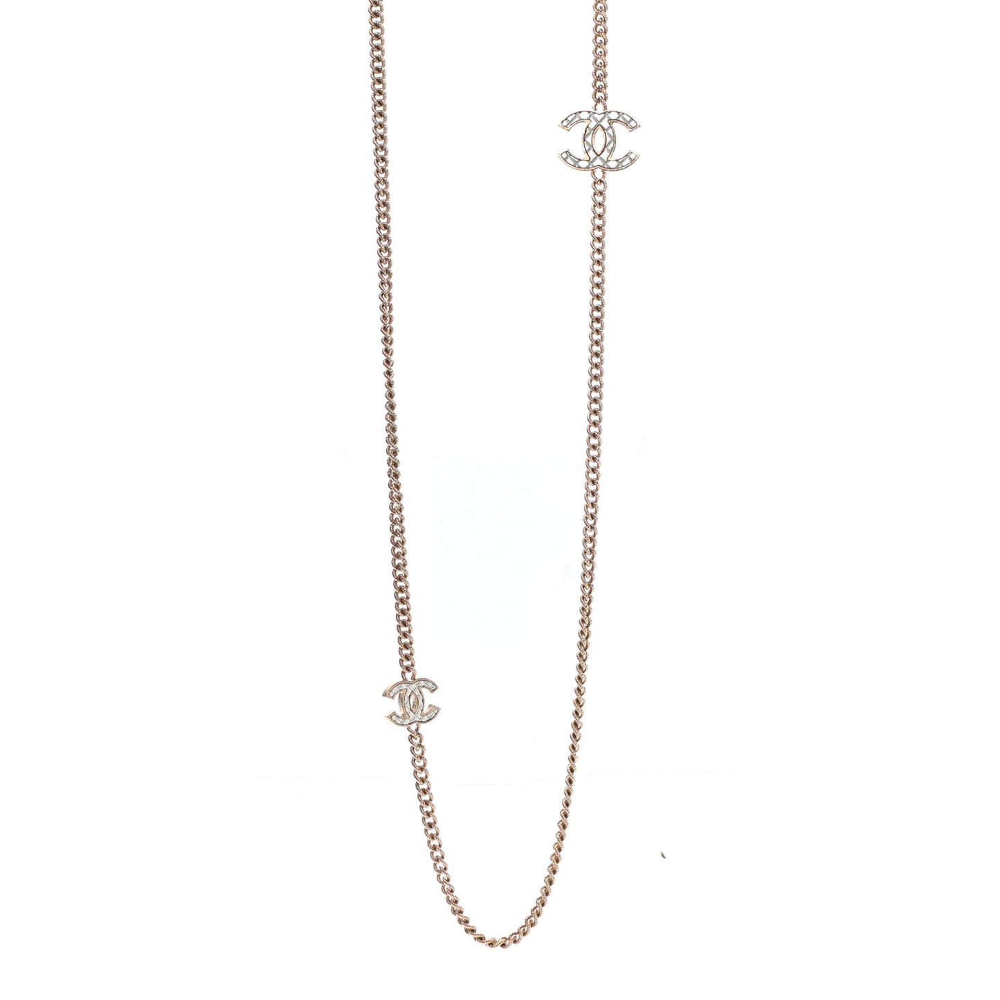 Metal Quilted CC Long Chain Necklace Gold Pearly White