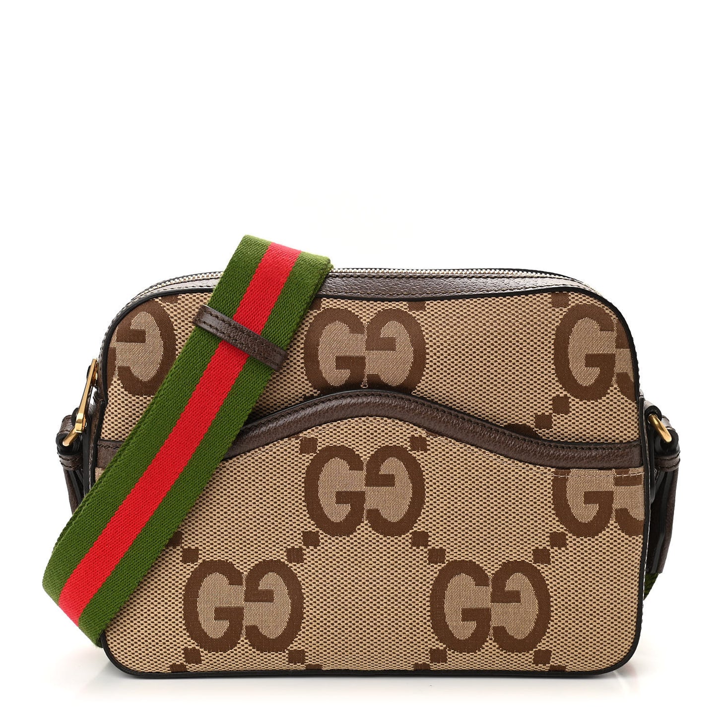 Monogram Jumbo GG Textured Dollar Calfskin Web Messenger Shoulder Bag Camel Ebony New Acero