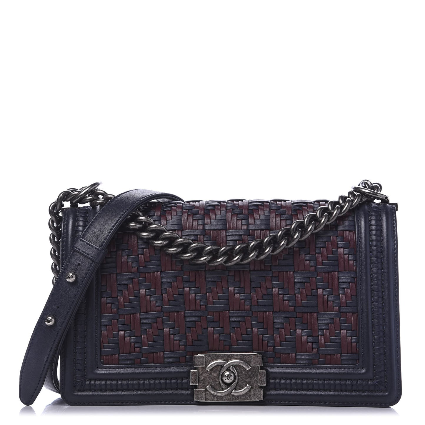 Calfskin Woven Medium Boy Flap Blue Burgundy