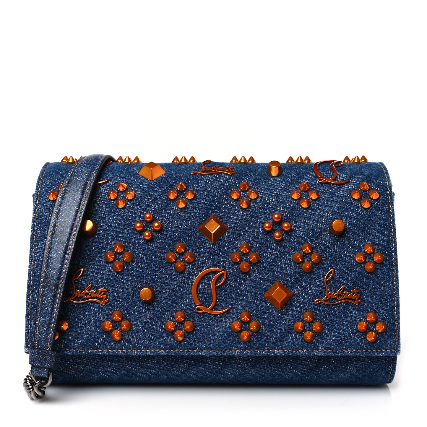 Denim Calfskin Patent Spikes Loubinthesky Paloma Clutch Blue