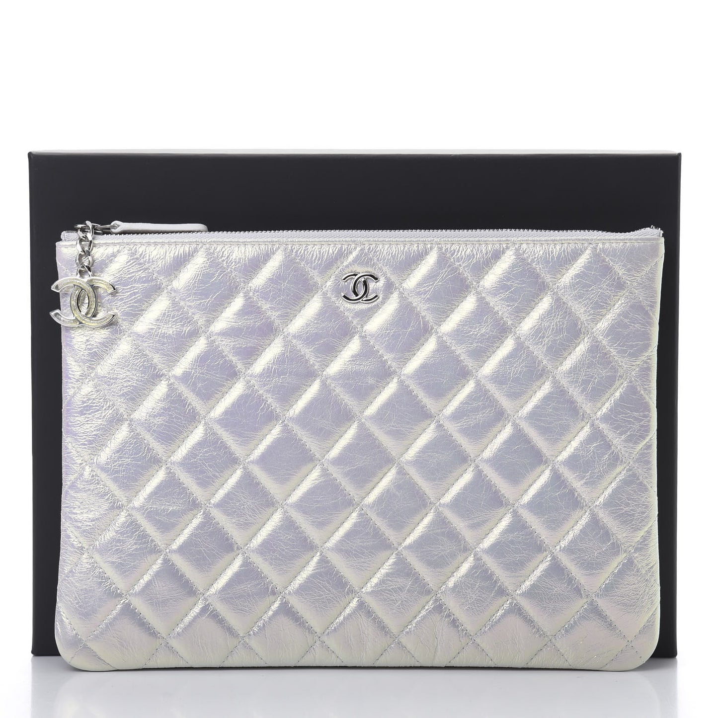 Iridescent Crumpled Calfskin CC Ripples Medium Cosmetic Case White
