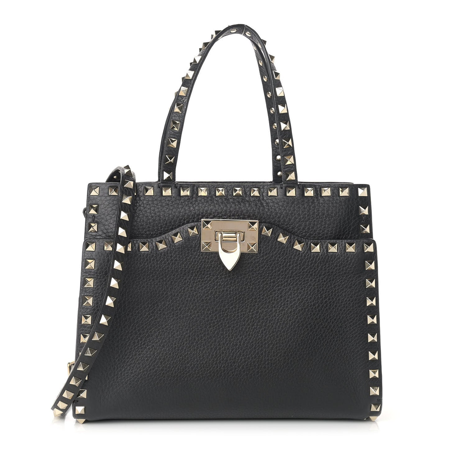 Grained Calfskin Rockstud Flip Lock Tote Black