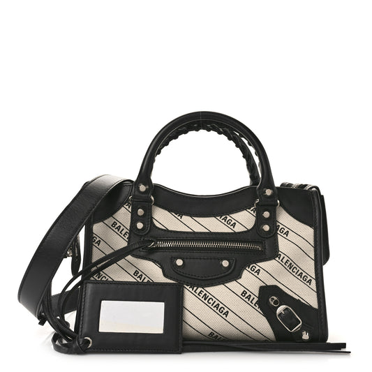 Canvas Satin Calfskin Diagonal Allover Logo Print Classic Silver Hardware Mini City Natural Black