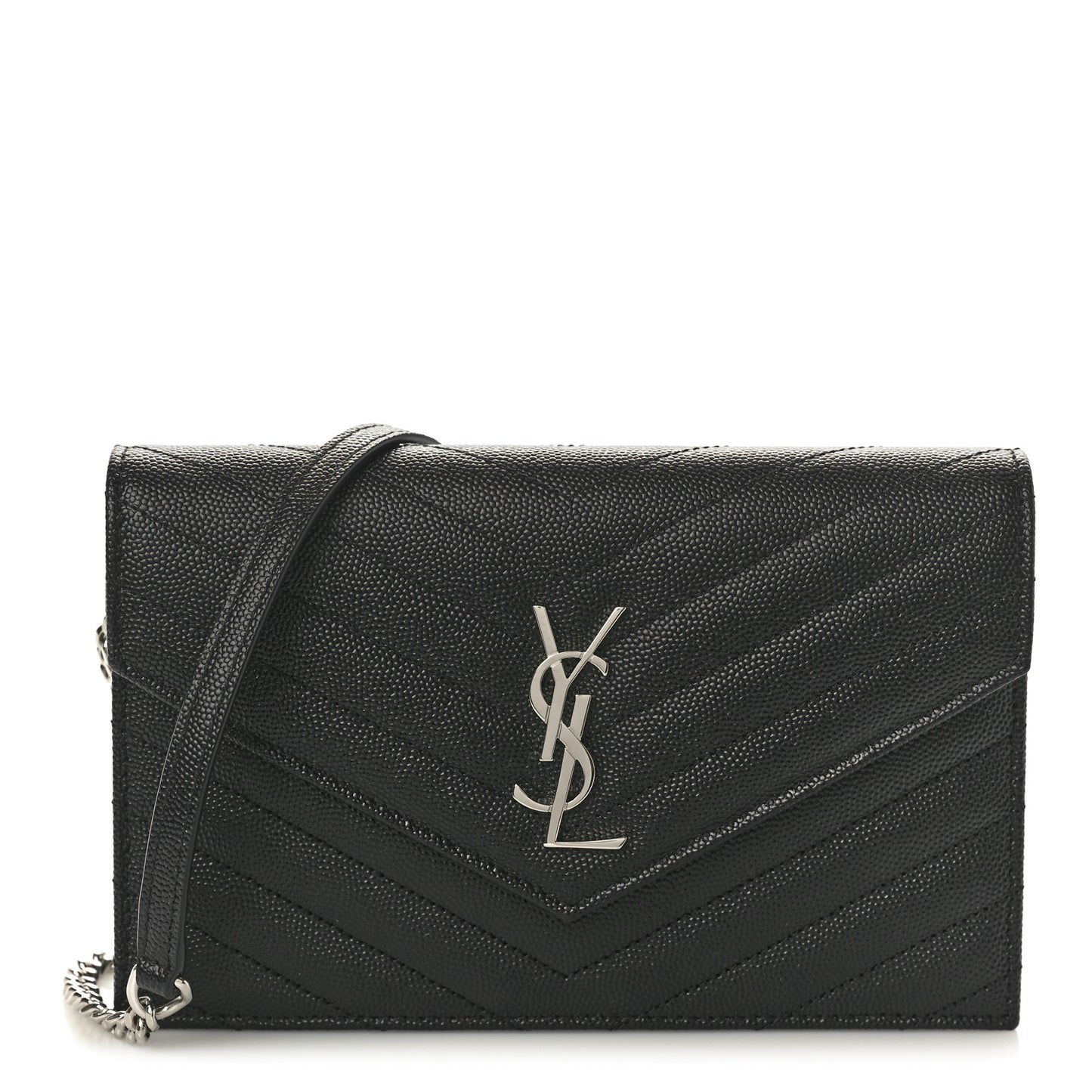 Grain De Poudre Matelasse Chevron Monogram Envelope Chain Wallet Black
