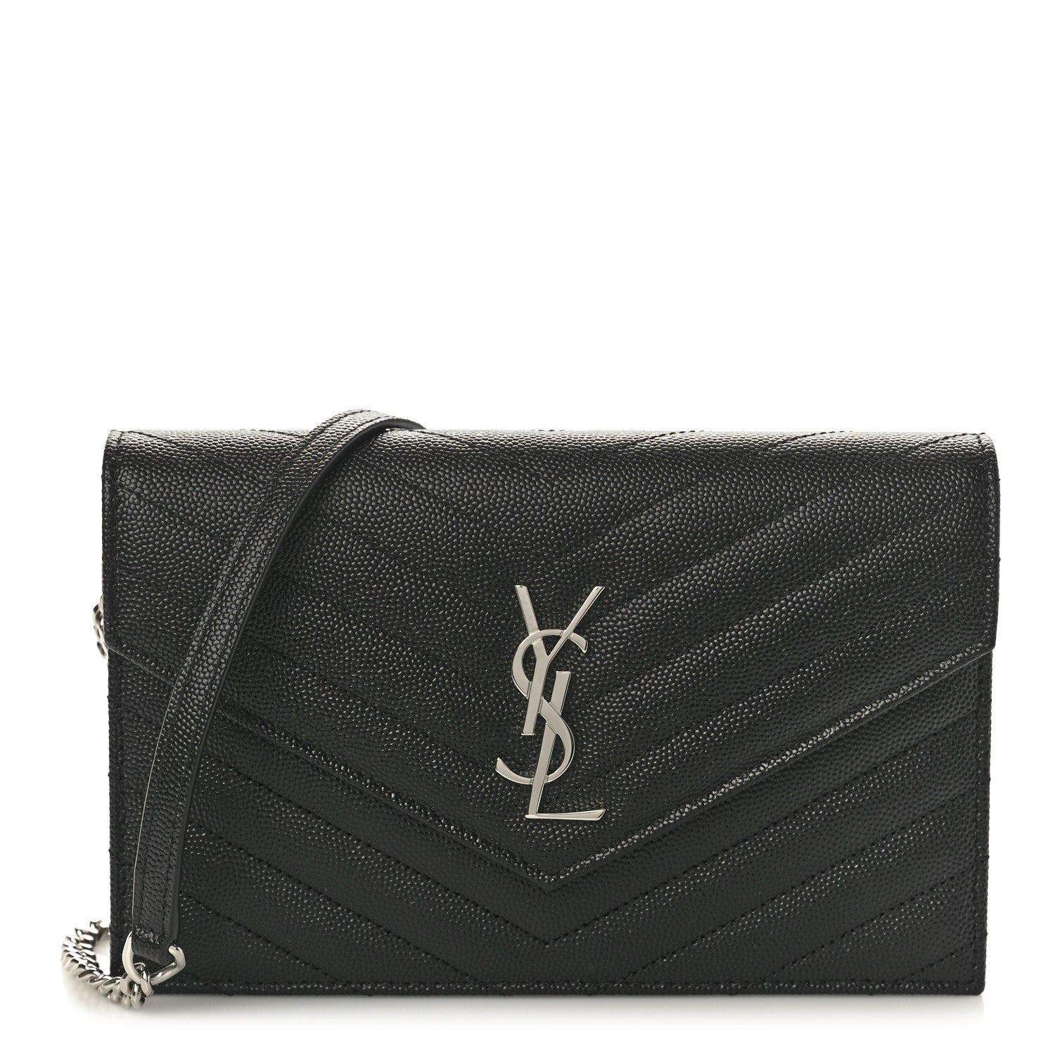 Saint Laurent Grain De Poudre Matelasse Chevron Monogram Envelope Chain Wallet Black 1 of 10