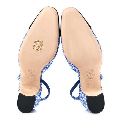 Chanel Tweed Grosgrain Cap Toe CC Slingback Pumps 37.5 Blue 5 of 8