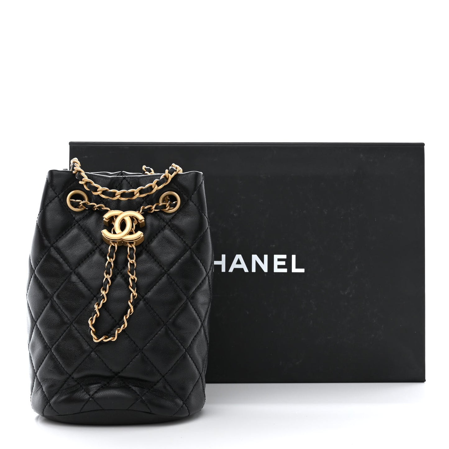 Lambskin Quilted Pearl Crush Drawstring Bag Black