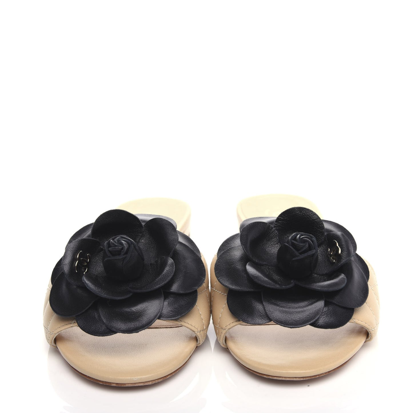 Lambskin Quilted Camellia CC Slides 37.5 Beige