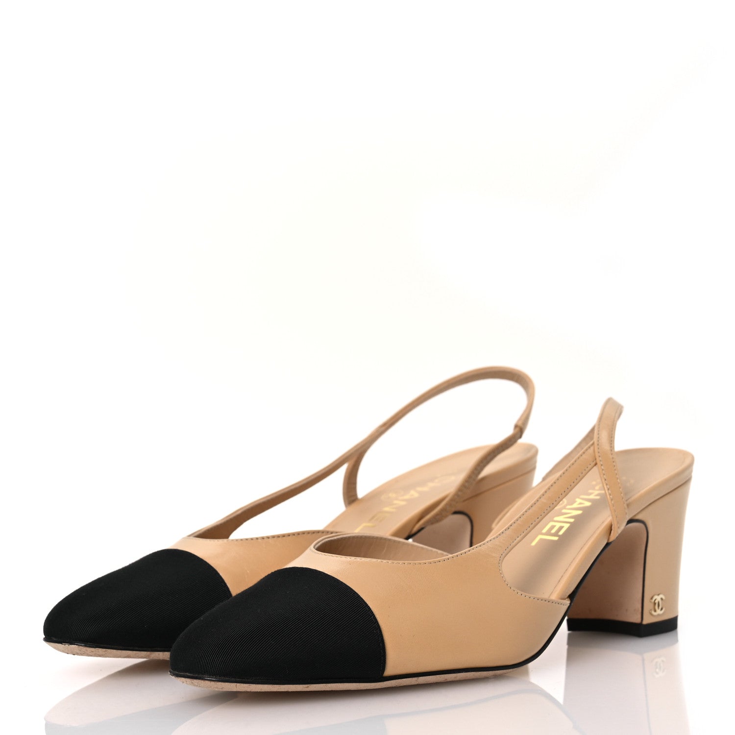 Chanel Goatskin Grosgrain Cap Toe CC Slingback Pumps 40 Beige Black 4 of 12