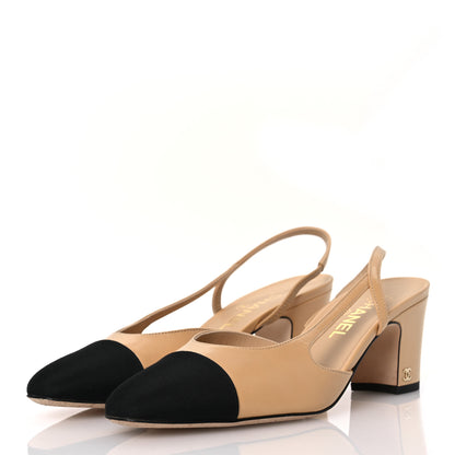 Chanel Goatskin Grosgrain Cap Toe CC Slingback Pumps 40 Beige Black 4 of 12