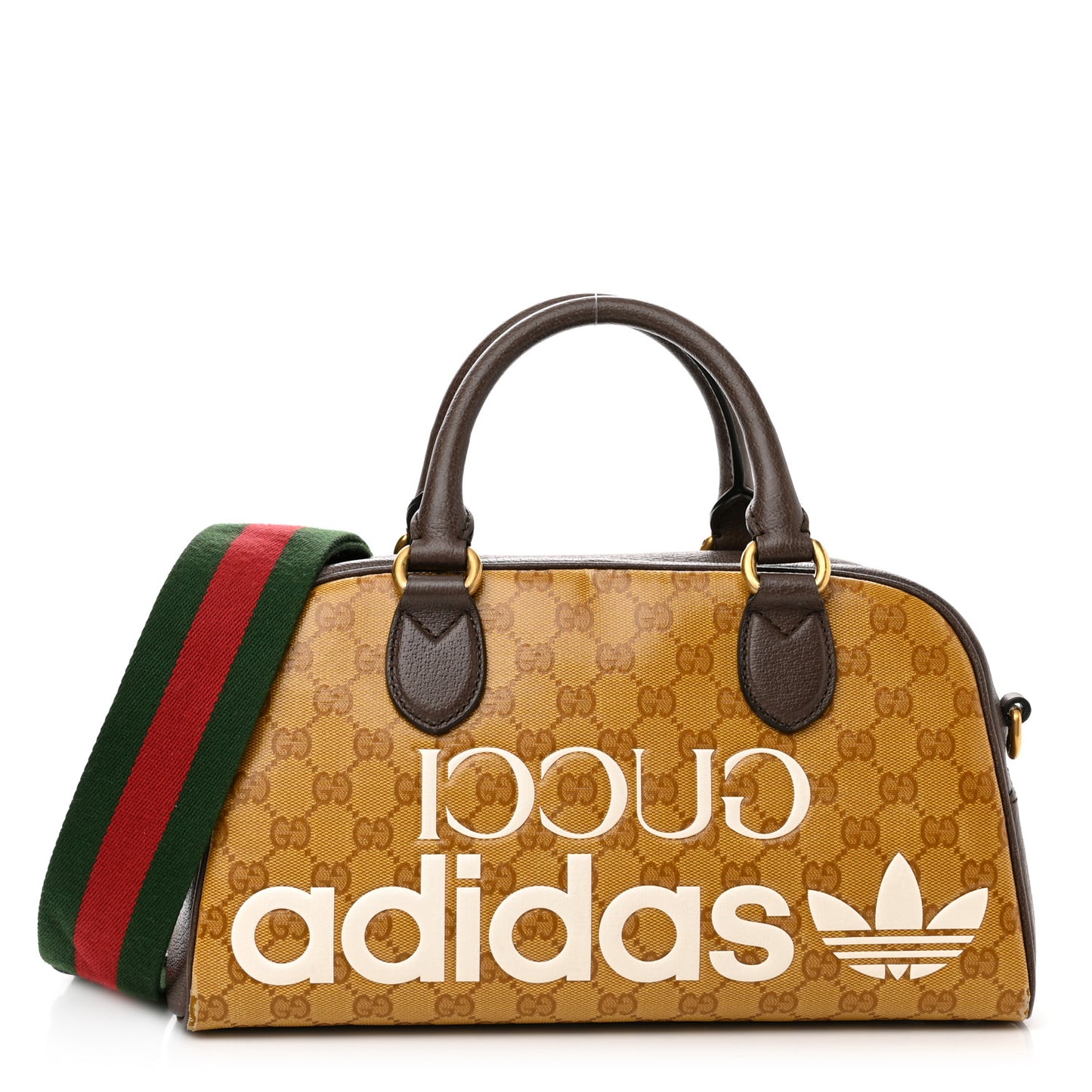 X ADIDAS Crystal Vintage Monogram Textured Dollar Calfskin Web Trefoil Logo Mini Bowling Bag Mid Natural Nut Off White New Acero