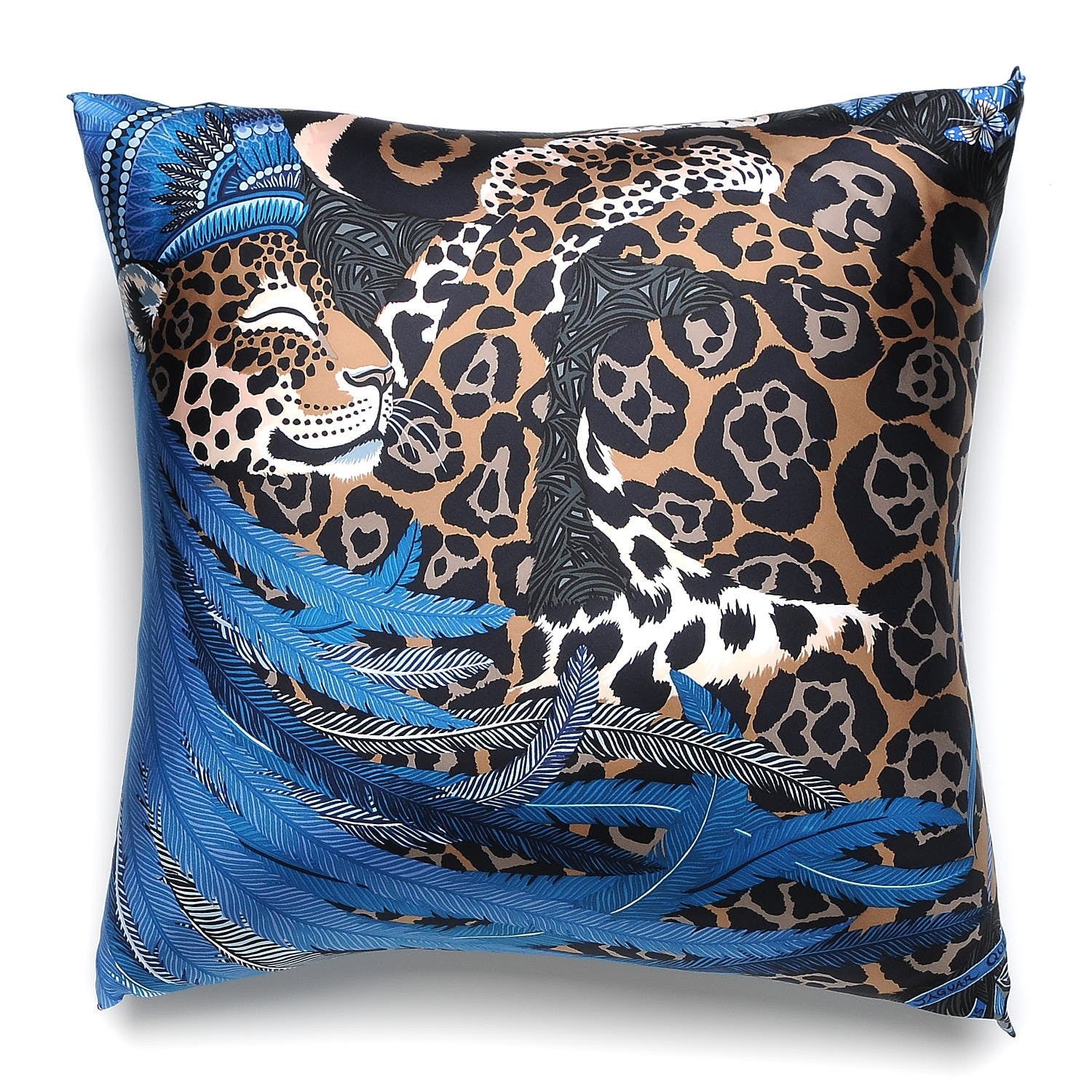 Hermes Cotton Silk Jaguar Quetzal Decorative Pillow Menthe Blue Jean Camel Marine 1 of 4